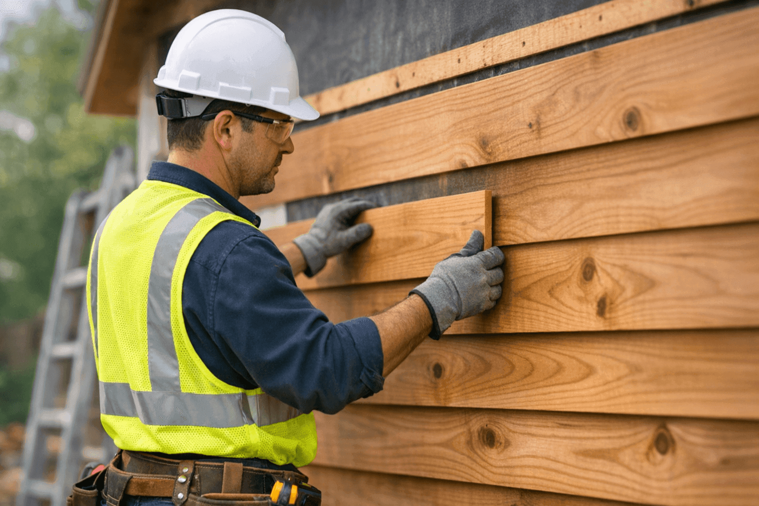Technician installing natural wood siding boards